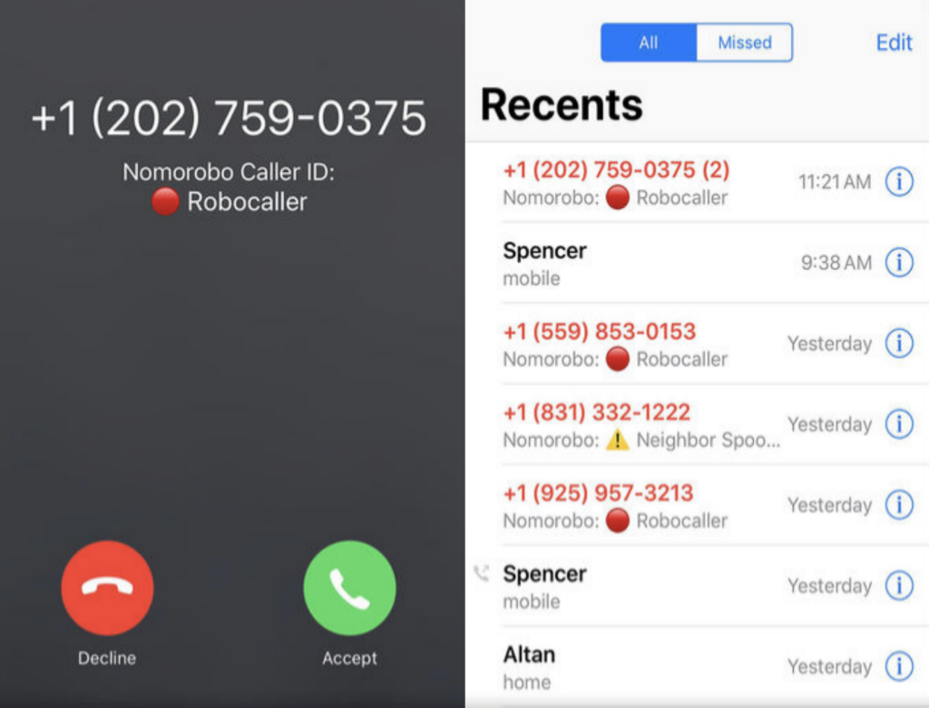 Nomorobo app call blocker robocalls and spoofed numbers app for privacy and security example images showing blocked calls 