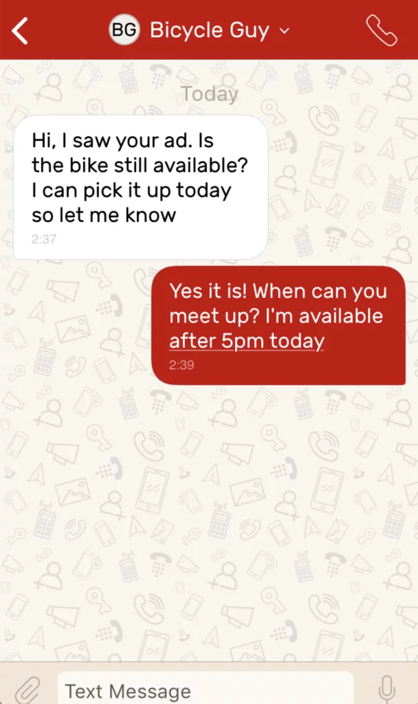 Conversation between two phone numbers arranging the sale of a bicycle while using Hushed temporary disposable phone numbers