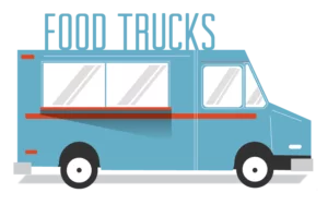 Illustration of a food truck, with a sign that says "Food Trucks"