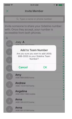 Sideline app screen showing how to team members to the team number