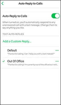 Sideline app screen showing how to setup call auto replies