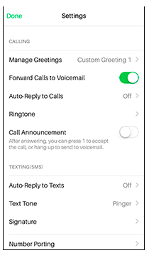 Sideline app screen showing how to forward all calls to voicemail 