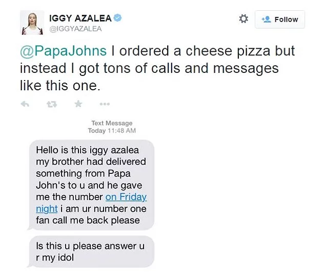 Tweet from Iggy Azalia to Papa Johns saying when she ordered pizza she started getting a ton of calls and texts.