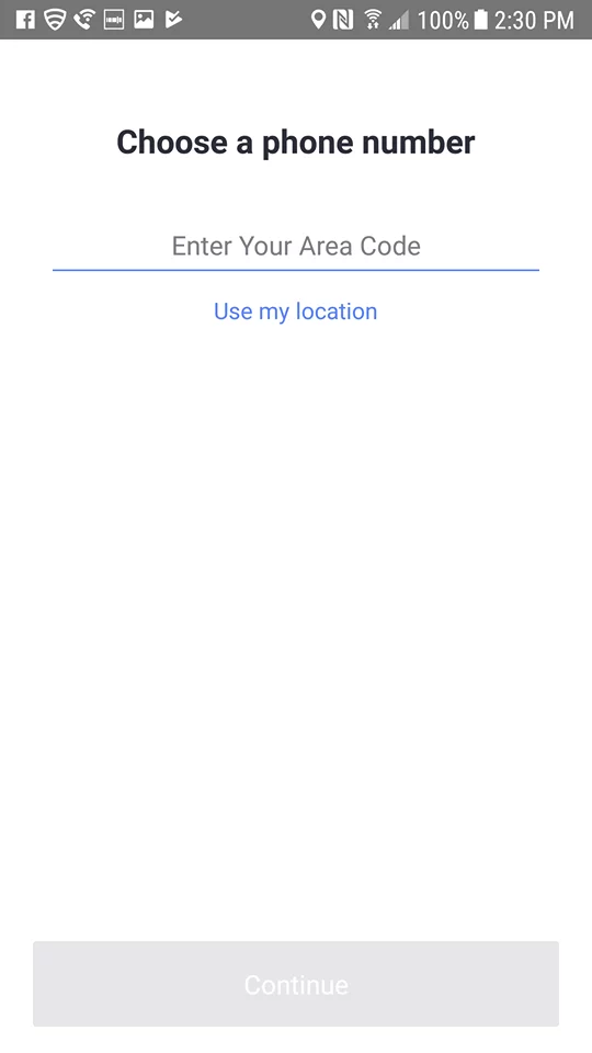 screenshot of app asking to enter your area code