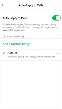 Sideline app screen showing how to setup auto replies to calls 