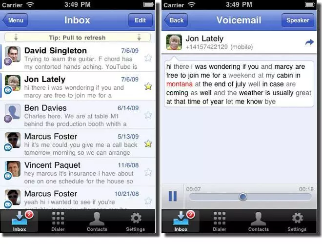google voice inboxx and voicemail screen 