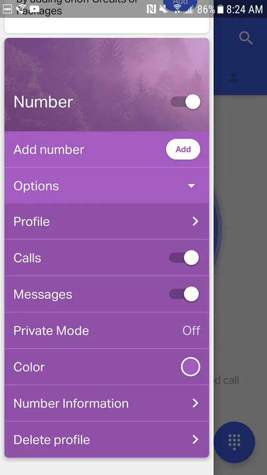 onoff app screen , number settings 