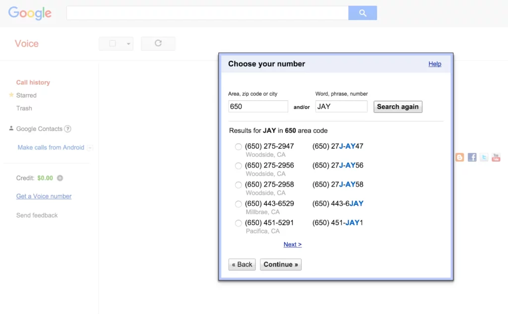 Google voice number selection screen 