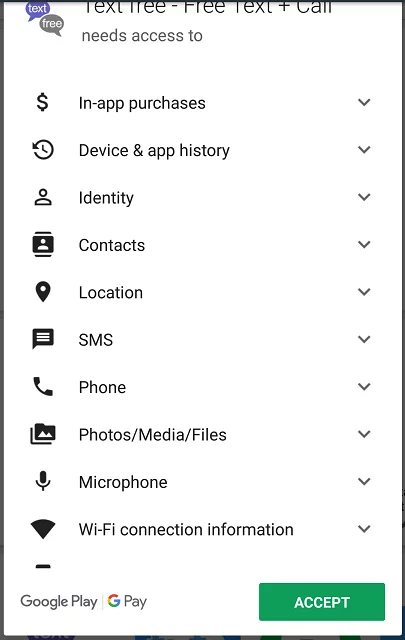 Screenshot of permissions from TextNow app