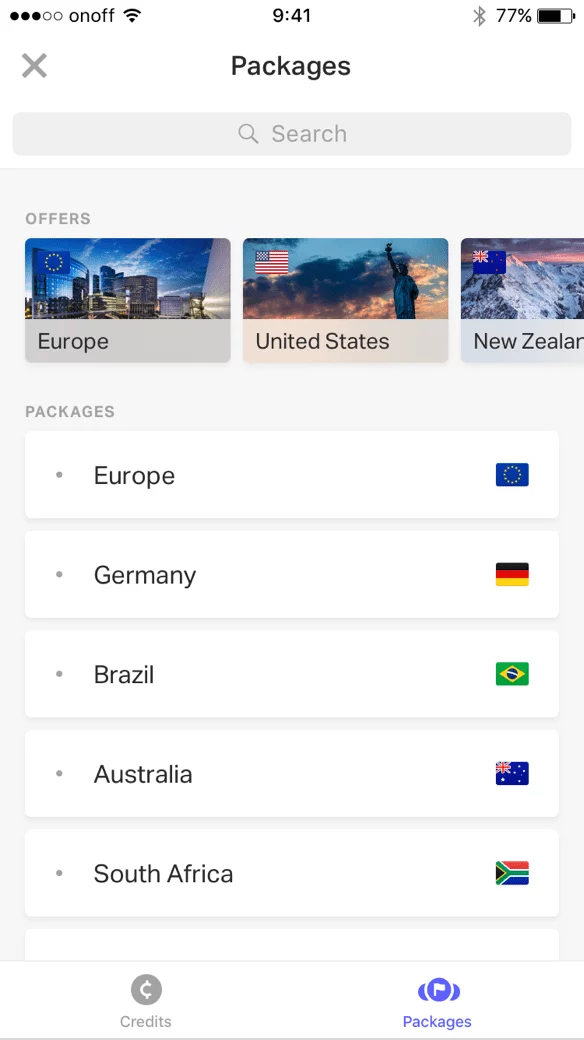 onoff app screen plan packages by country or region