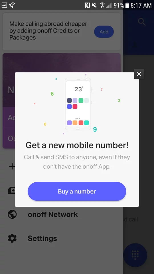 Onoff app mobile number selection screen